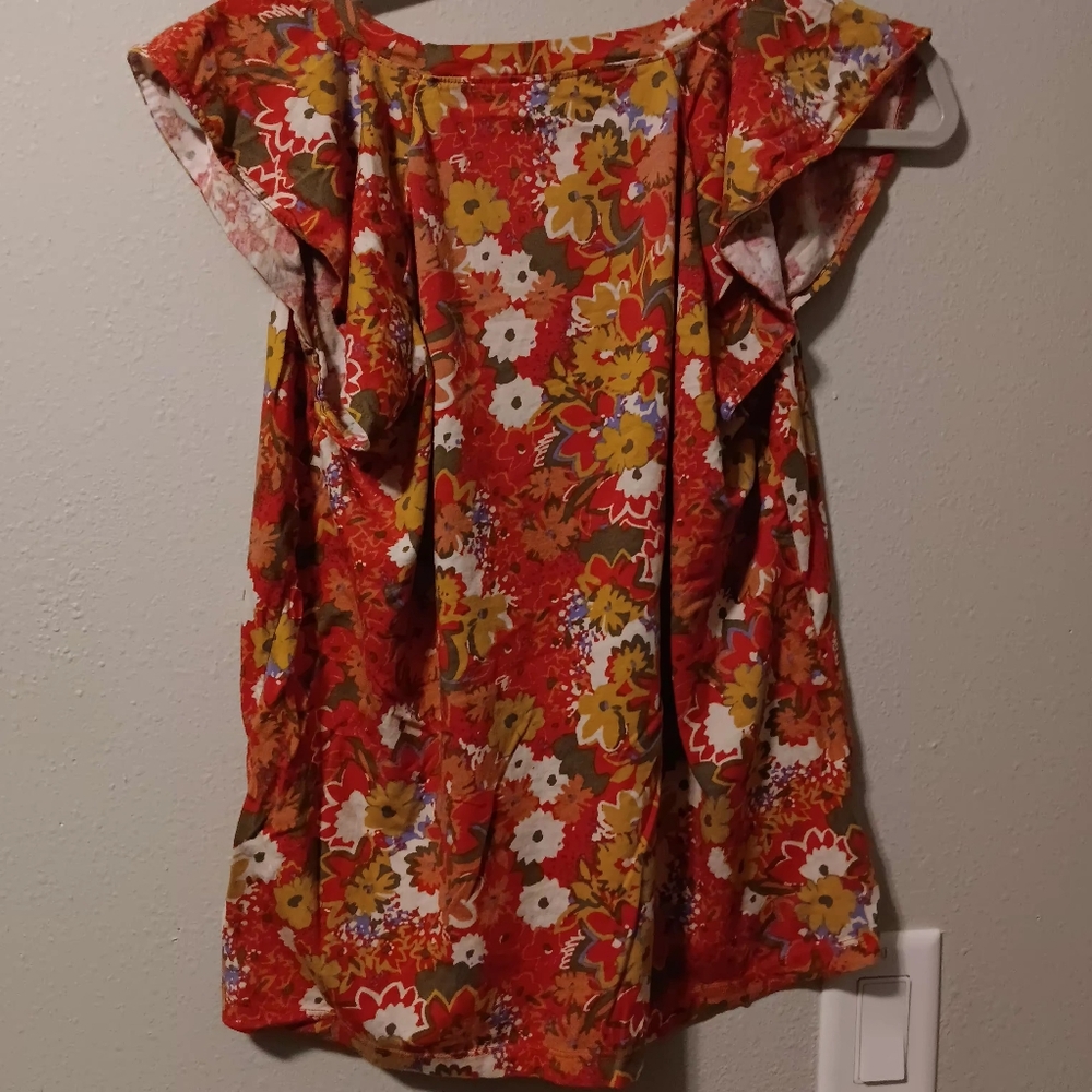 LOFT Floral Cap-Sleeve Blouse in Red, Yellow, White